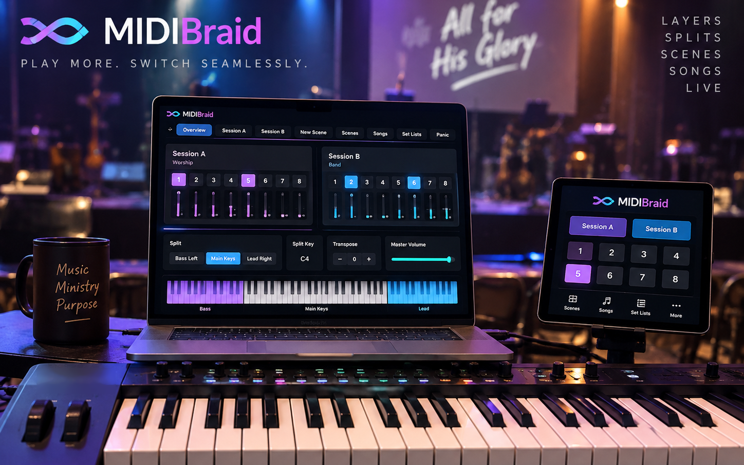 MIDIBraid performance concept showing a Mac, iPad Remote and MIDI keyboard in a live stage environment.